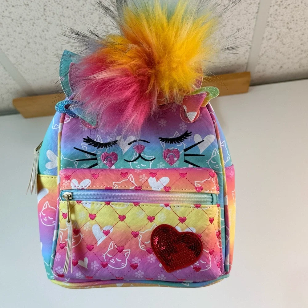 Under One Sky OMG Miss Bella Kitty Cat Glitter Mini Backpack - Rainbow Pom NWT